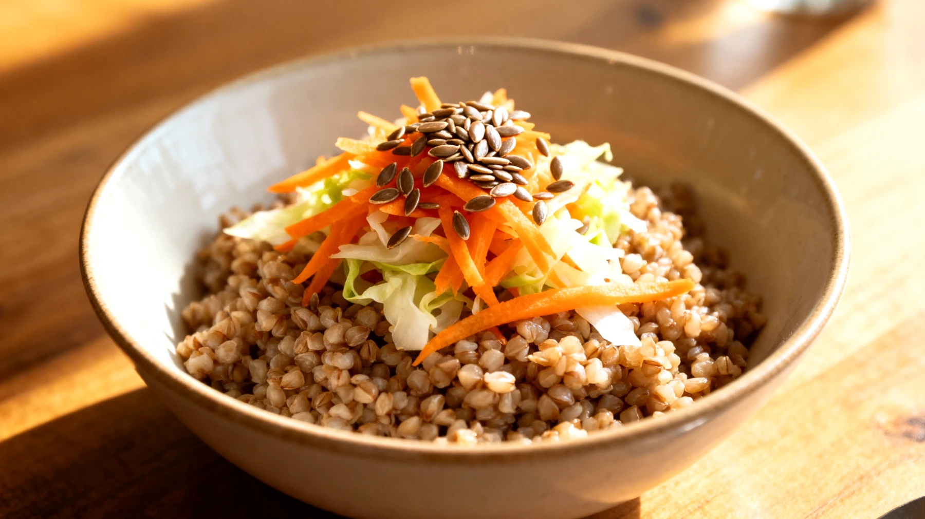 Buchweizen-Porridge mit fermentiertem Gemüse und Leinsamen"