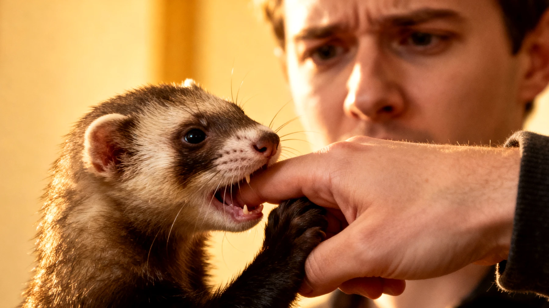 Frettchen-Welpen sind sehr verspielt und neigen dazu, stark zu beißen während des Spielens, was schmerzhaft sein kann und das Training erfordert, um ihnen beizubringen, die Beißkraft zu kontrollieren und sanfter zu sein"