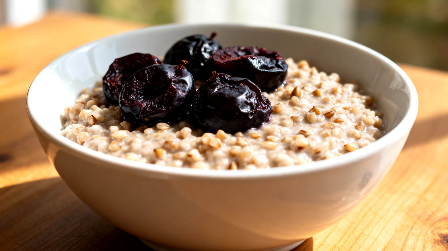 Kefir-Buchweizen-Brei mit fermentierten Pflaumen"