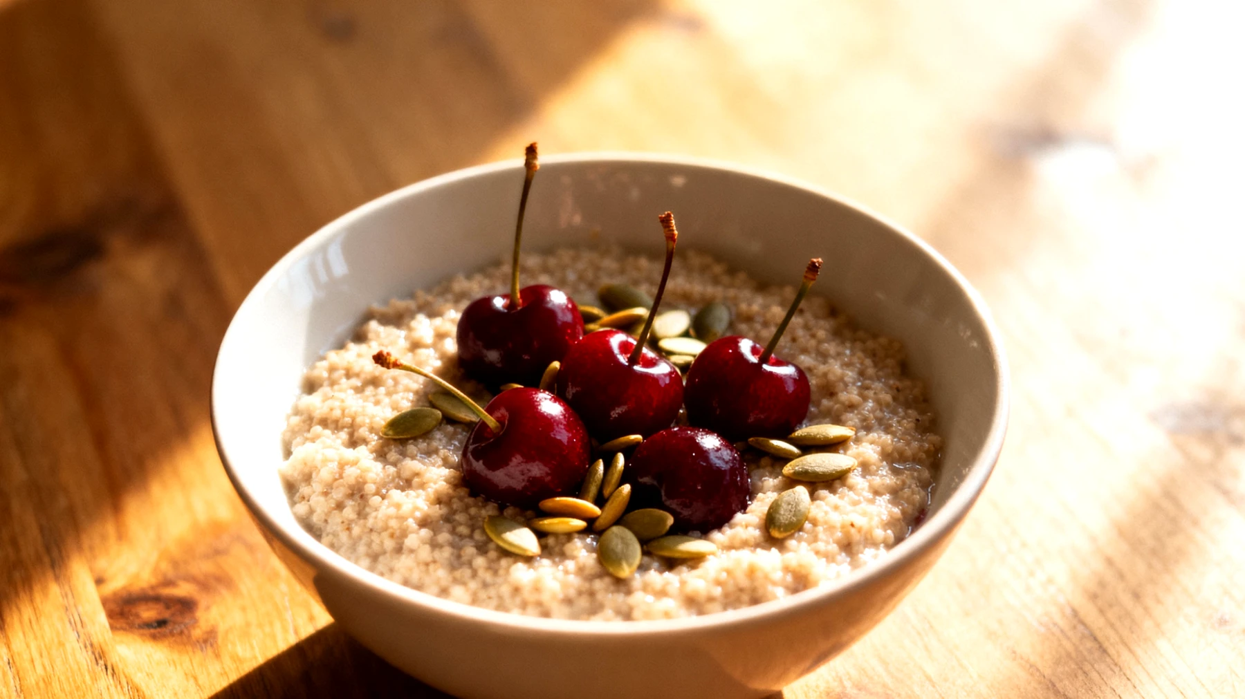 Amaranth-Porridge mit Sauerkirschen und Kürbiskernen"