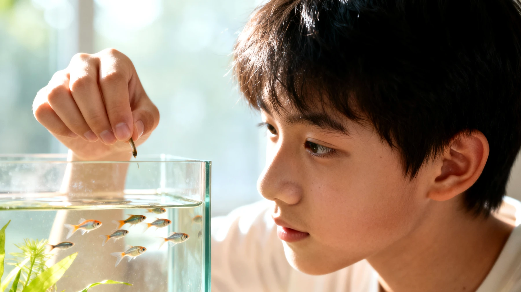 Junge Fische benötigen eine speziell angepasste tägliche Routine bei der Fütterung und Aquarienpflege, um gesund heranzuwachsen und Stress durch Wasserwechsel oder Reinigungsarbeiten zu vermeiden"