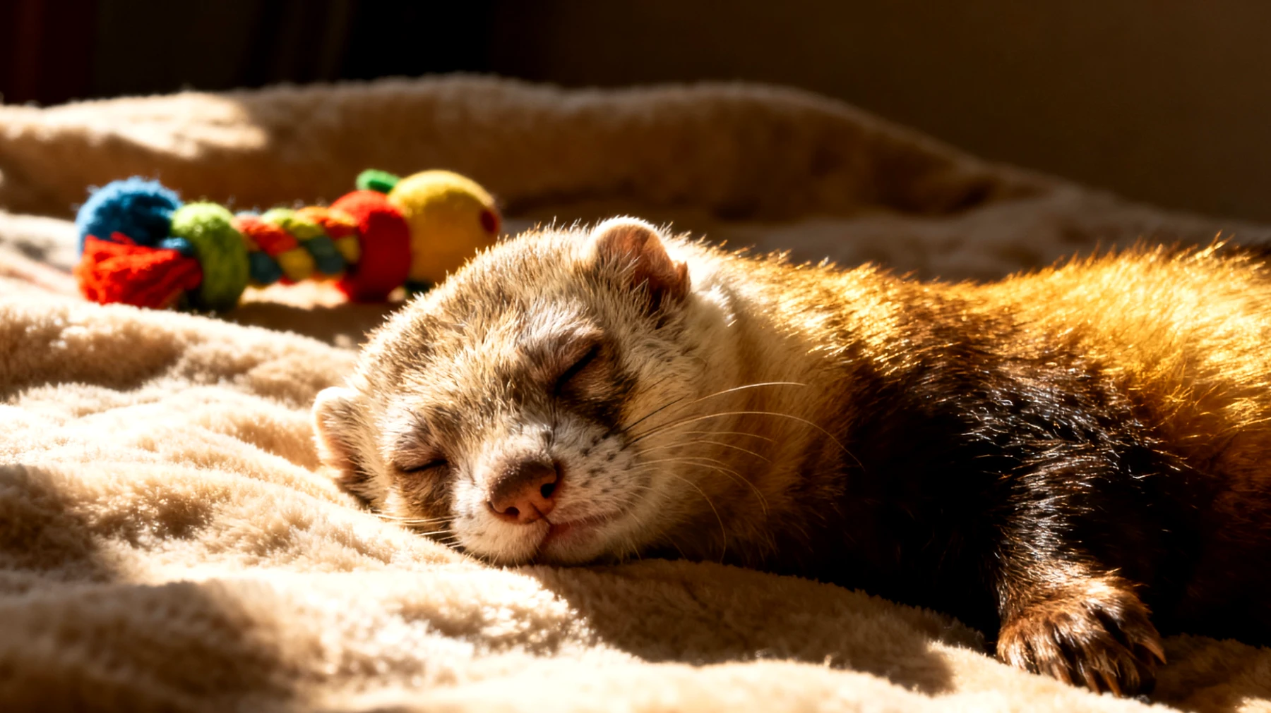 Ältere Frettchen verlieren oft an Energie und Beweglichkeit, wodurch sie sich weniger beschäftigen und schneller langweilen, was zu Muskelschwund und geistigem Abbau führen kann"