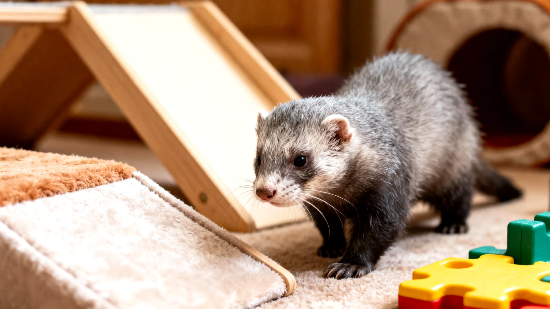 Ältere Frettchen benötigen angepasste Bewegungs- und Beschäftigungsangebote, die ihrer reduzierten Energie und möglichen Gelenkproblemen Rechnung tragen, während sie gleichzeitig geistig stimuliert bleiben müssen, um Langeweile und kognitivem Abbau vorzubeugen"
