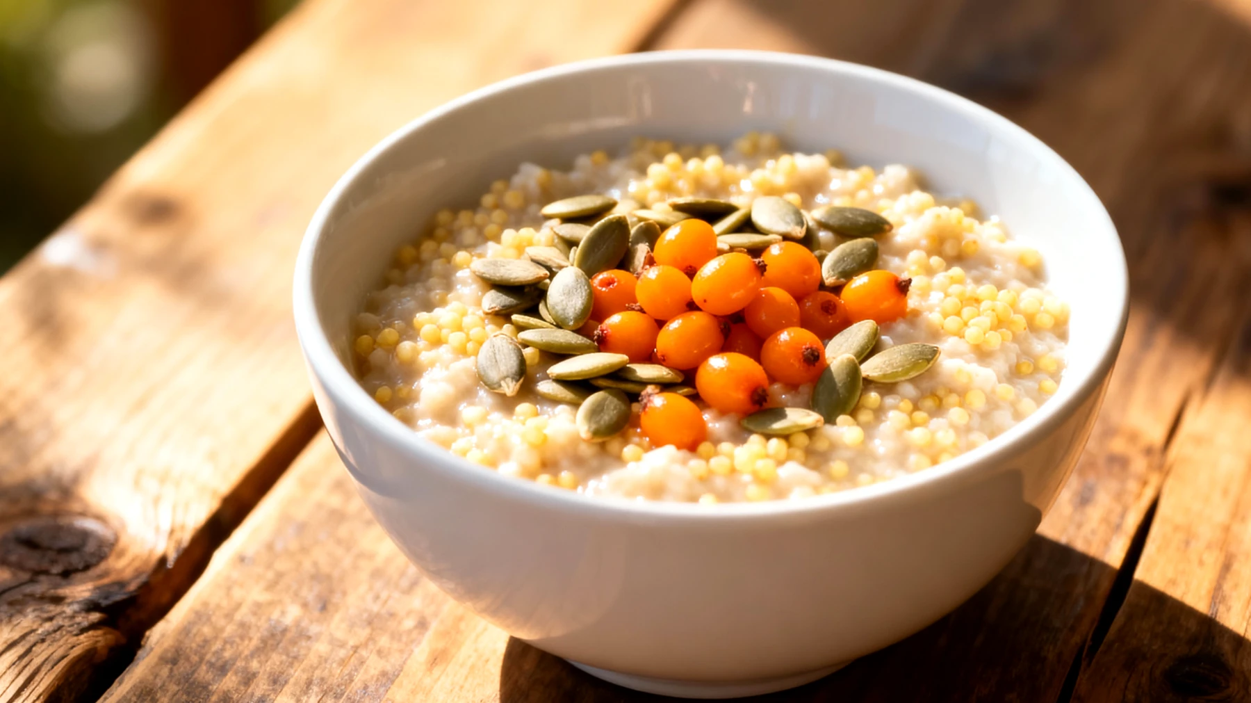 Hirse-Kürbiskern-Porridge mit Sanddornbeeren"