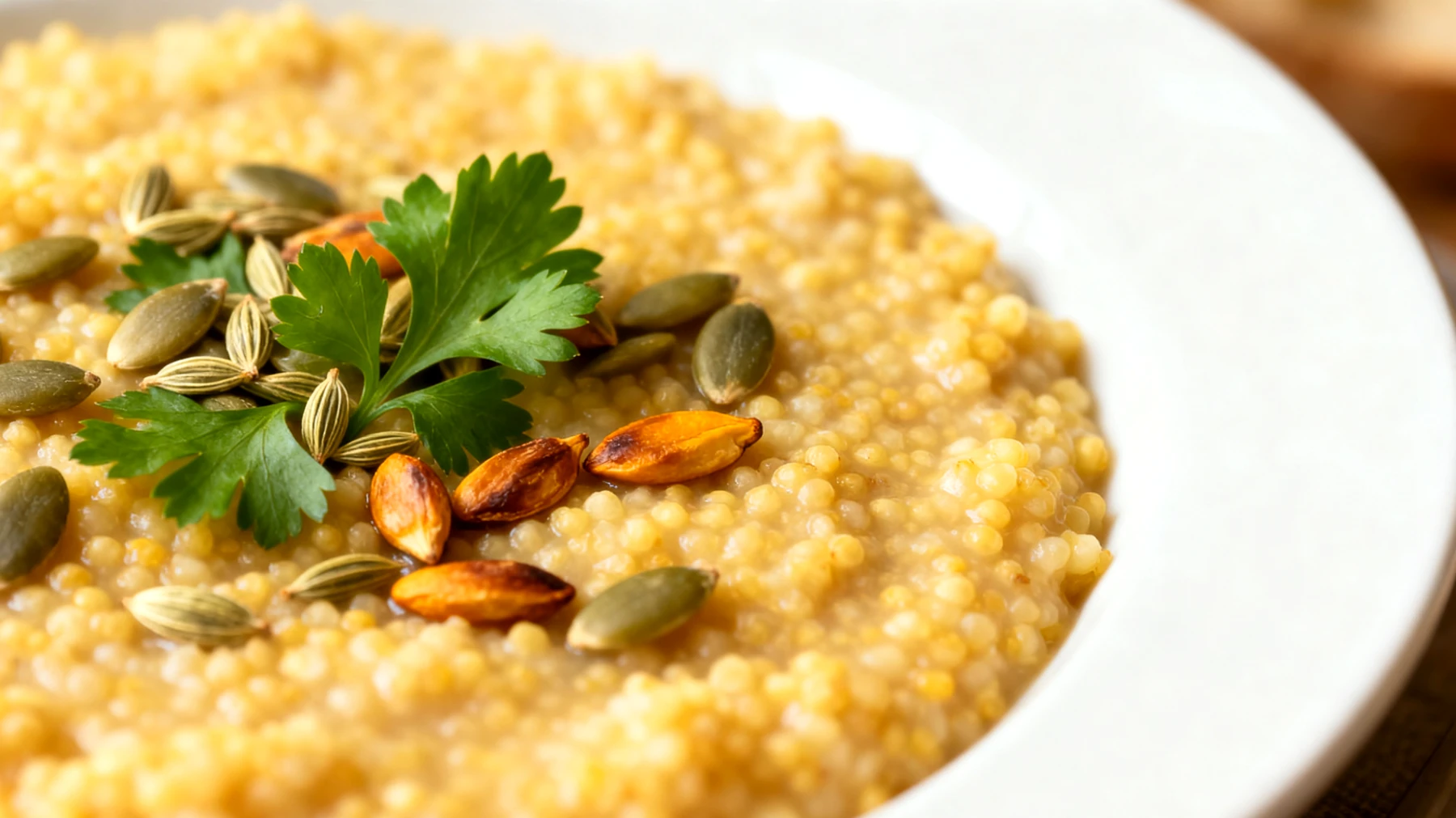 Hirsebrei mit Fenchelsamen, Petersilie und gerösteten Kürbiskernen"