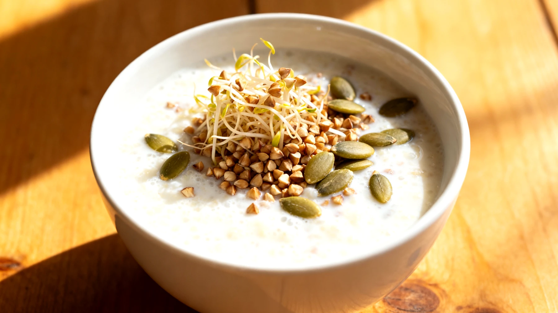 Kefir-Bowl mit gekeimtem Buchweizen und Kürbiskernen"