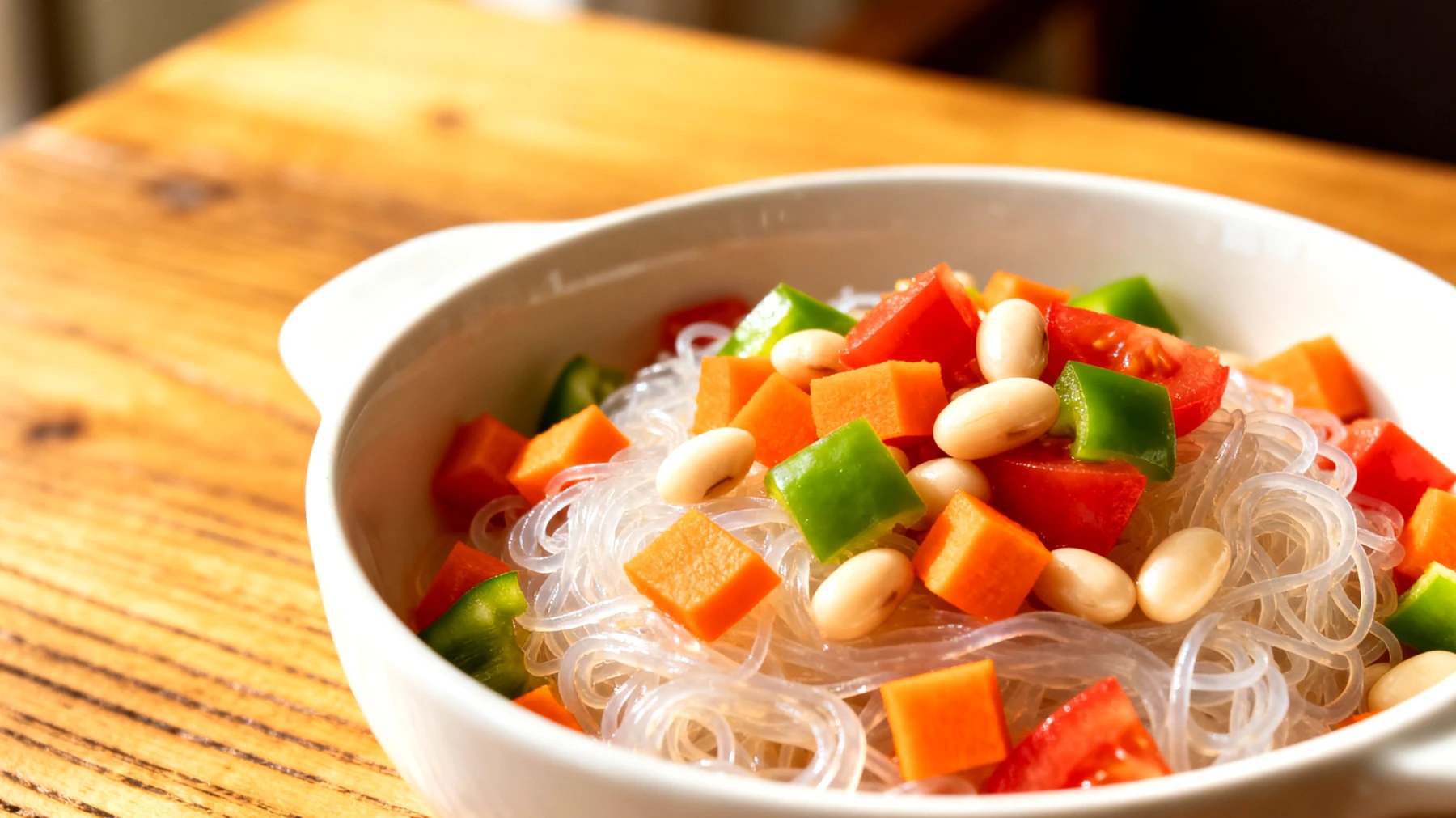 Konjac-Nudeln (Shirataki) mit Gemüse und weißen Bohnen"