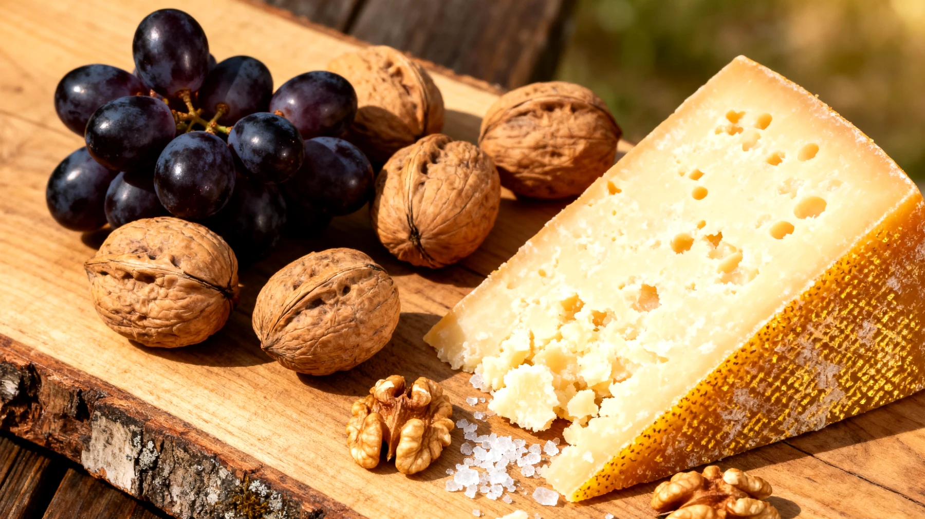 Walnüsse mit dunklen Trauben und einem Stück Parmigiano Reggiano (24 Monate gereift)"